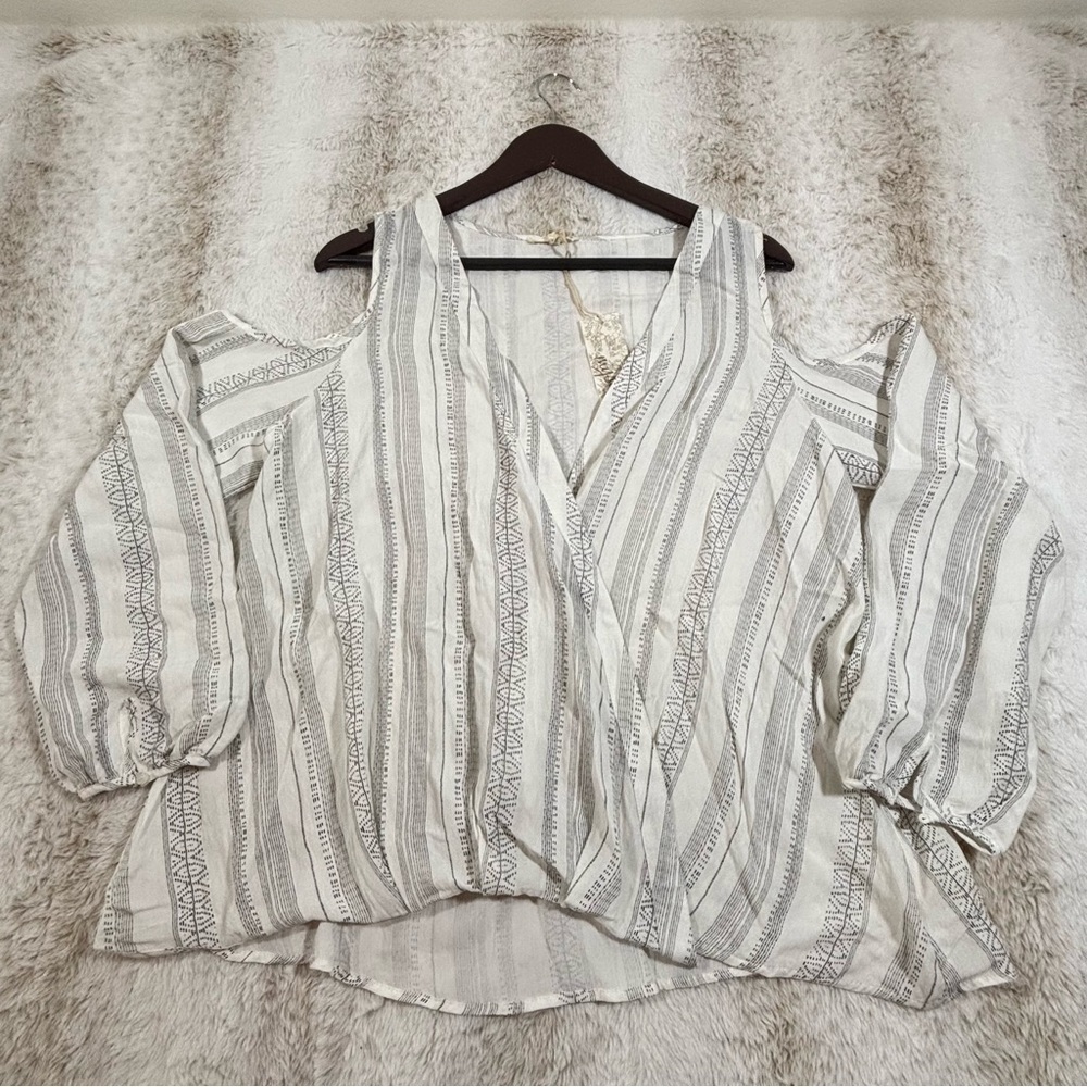 Mystree Cold Shoulder Striped Wrap Blouse Boho Peasant Top Size L